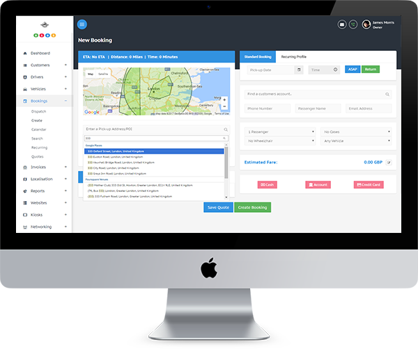 Taxi, Cab, Fleet Management Dispatch System Booking Form with Google, Foursquare, and Postcode Search